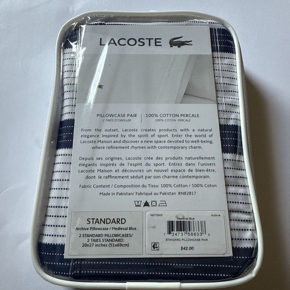 Lacoste 100% Cotton Medieval Blue Standard Pillowcase Pair Archive 2 Pillow Case - Picture 5 of 8